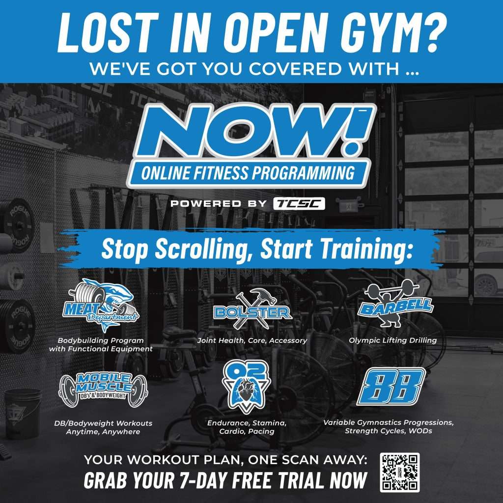 Infographic showcasing all NOW Programming tracks, including SIXTY, ENGINE, Lift + Move, Barbell, Bolster, O2, 88, Meat Department, and Mobile Muscle.